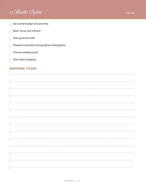 Countdown checklists, Wedding Planner